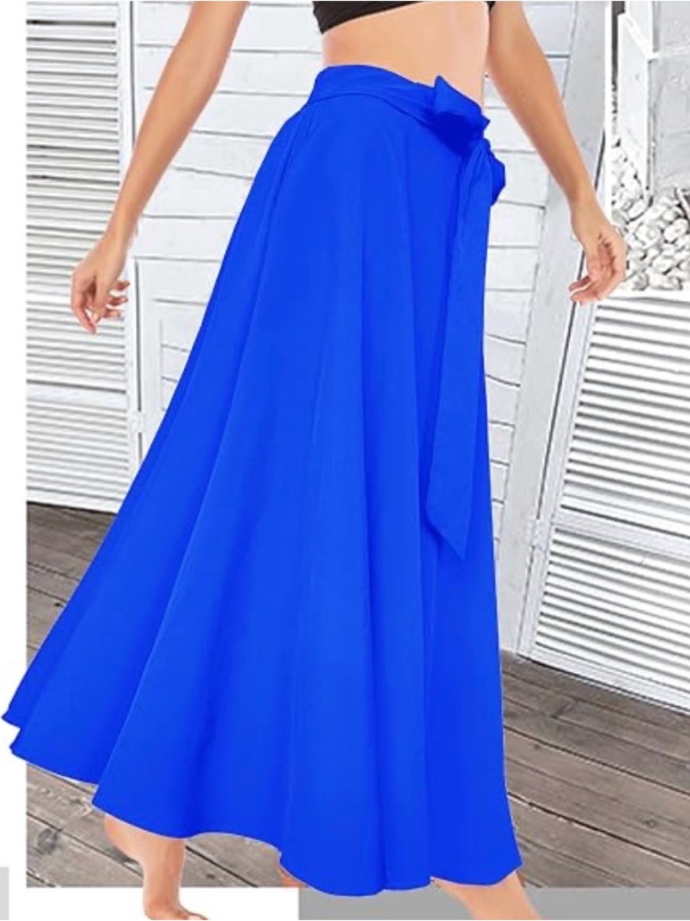 Alfibi High-Waist Tie Front A-Line Maxi Skirt with Pockets - Royal Blue - Size L